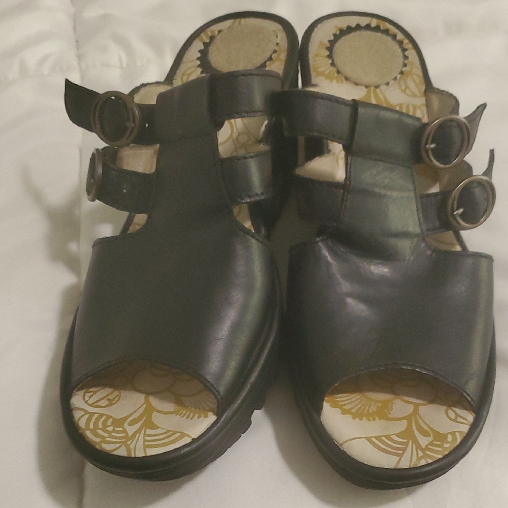 Fly London Black Leather Mules with Dual Buckles - Picture 10 of 13